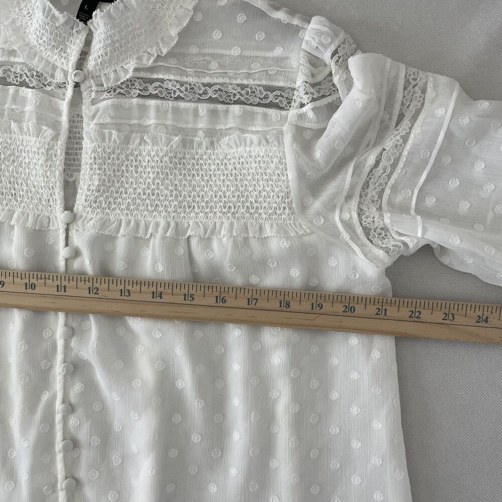 White House Black Market Lace Smocked Swiss Dot Blouse White Size L - Picture 12 of 15